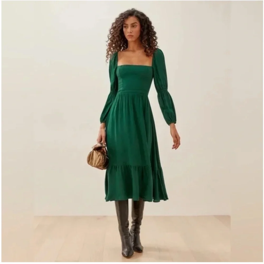 Reformation Mica Emerald Green Long Sleeve Square Neck Midi Dress - Picture 3 of 9